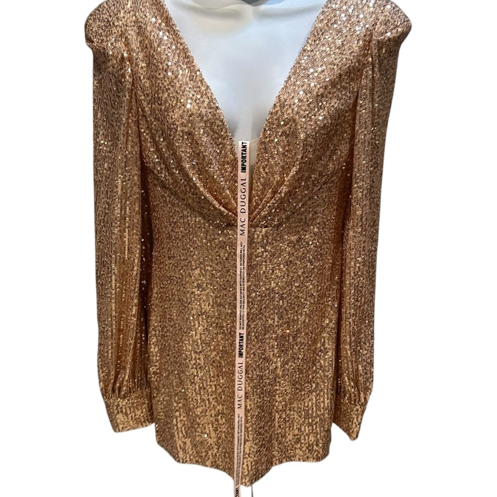 Ieena for Mac Duggal Sequin Structured Bishop Sleeve Plunging Neck Mini Dress 6